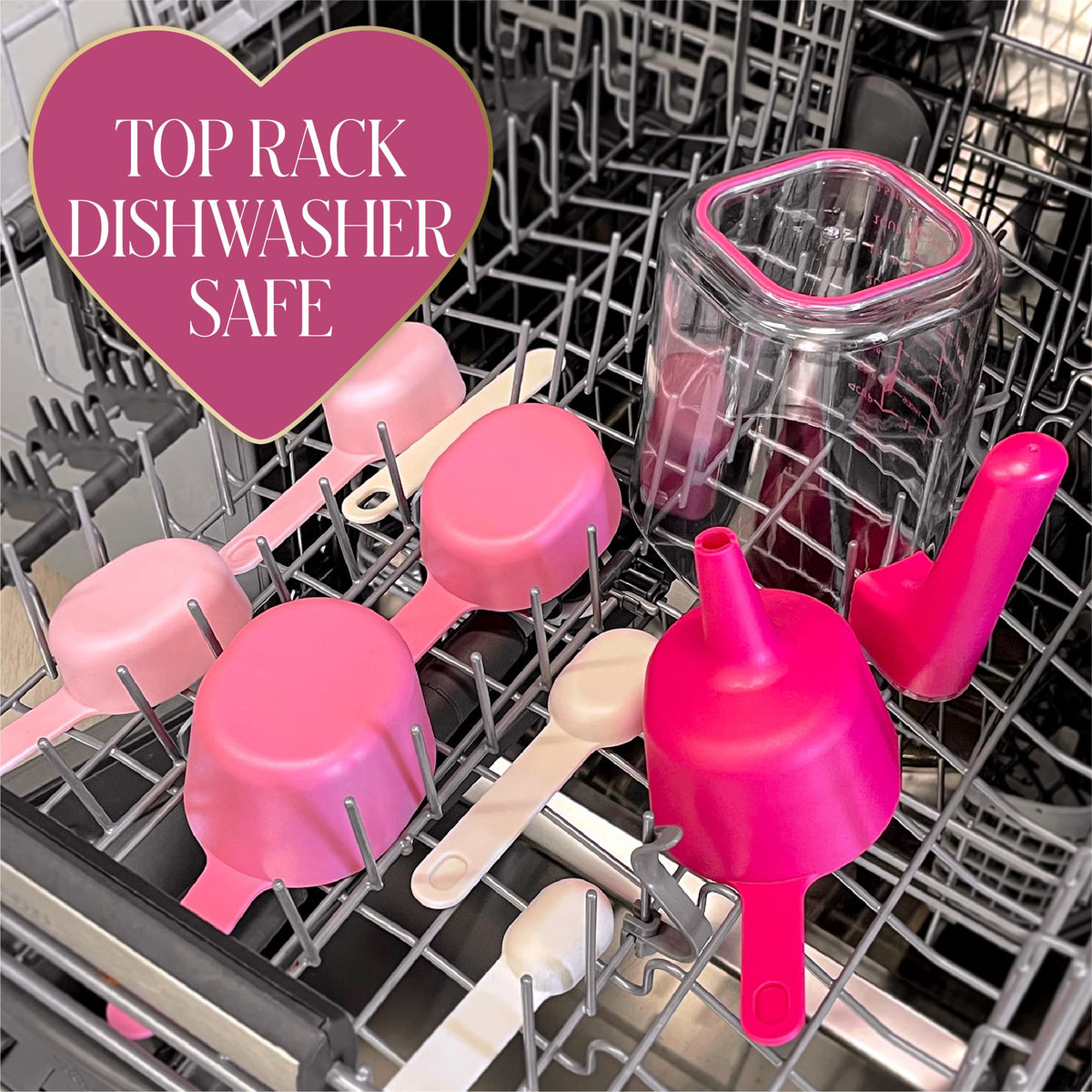 Paris Hilton measuring set is top-rack dishwasher safe.