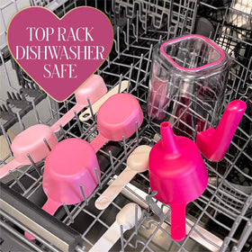 Paris Hilton measuring set is top-rack dishwasher safe.