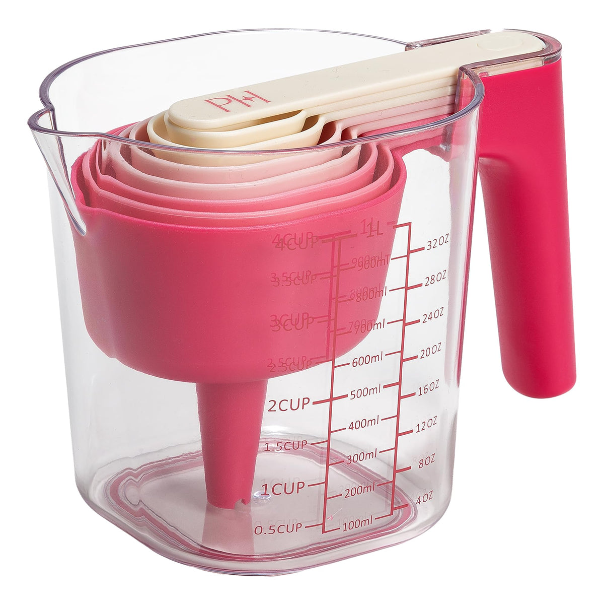 Paris Hilton pink measuring cups neatly nested for quick, precise ingredient prep.