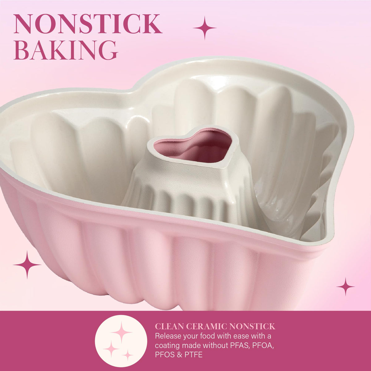 Paris Hilton pink bakeware with ceramic nonstick for effortless cake release.