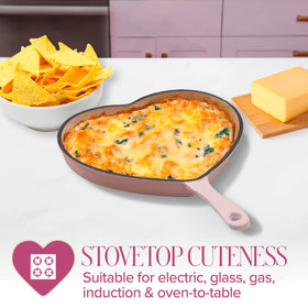 Paris Hilton heart skillet shows pink enamel detail for easy cleanup and style