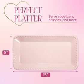 Paris Hilton serving tray in pink finish is microwave-safe and easy to clean.