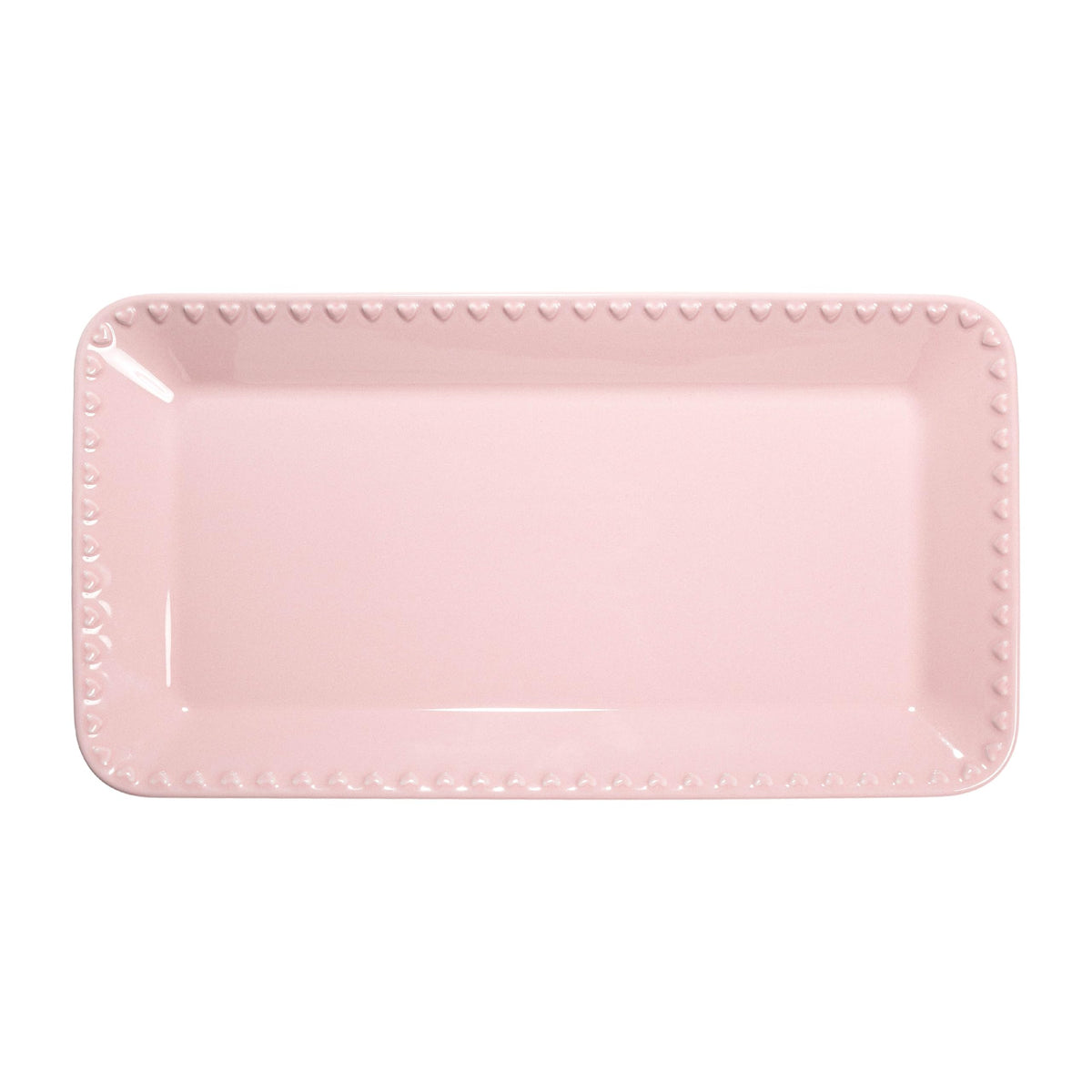 Paris Hilton rectangle ceramic tray front view with embossed hearts in pink for glam serving.