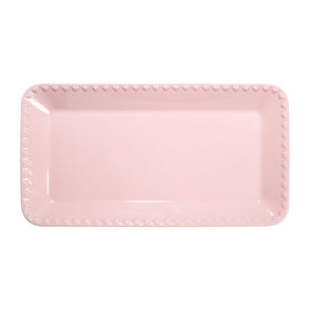 Paris Hilton rectangle ceramic tray front view with embossed hearts in pink for glam serving.