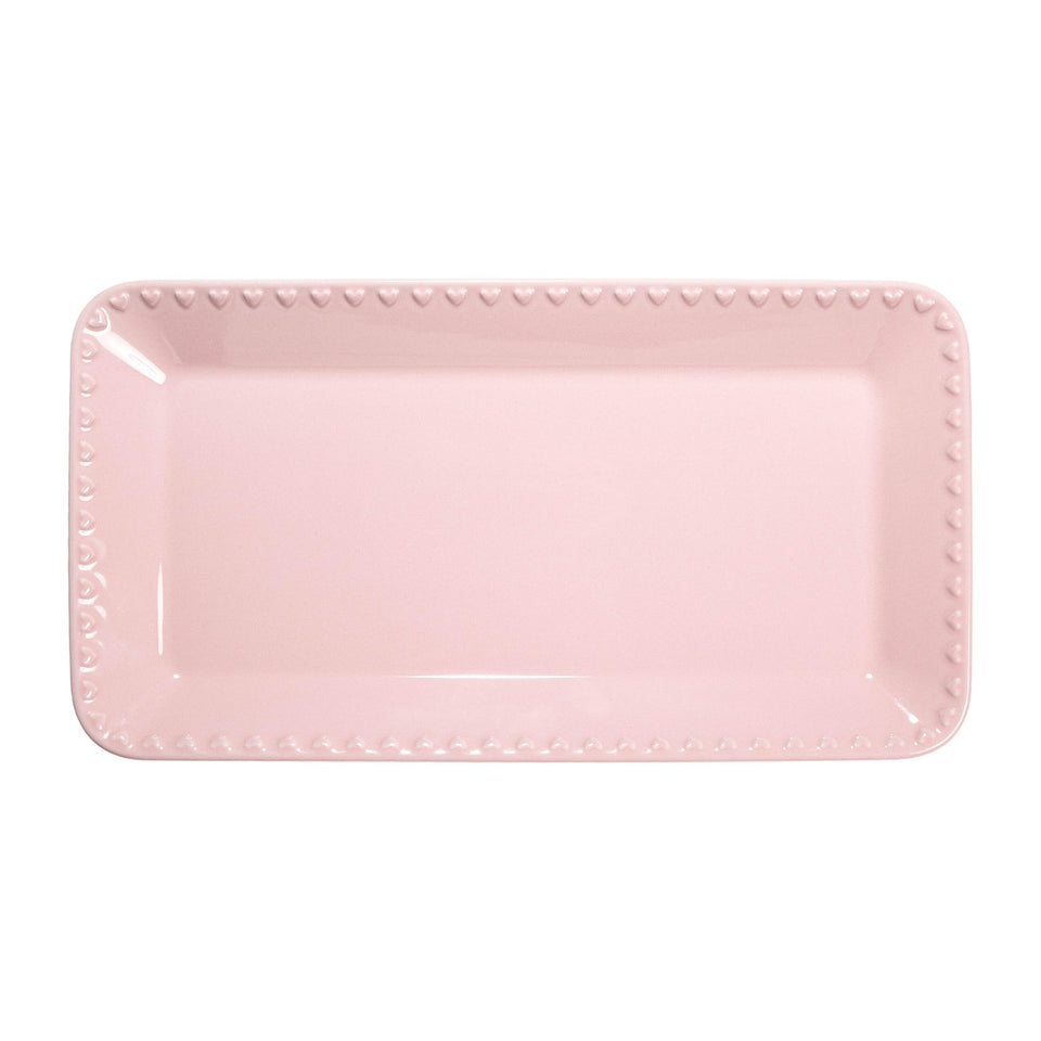 Paris Hilton rectangle ceramic tray front view with embossed hearts in pink for glam serving.