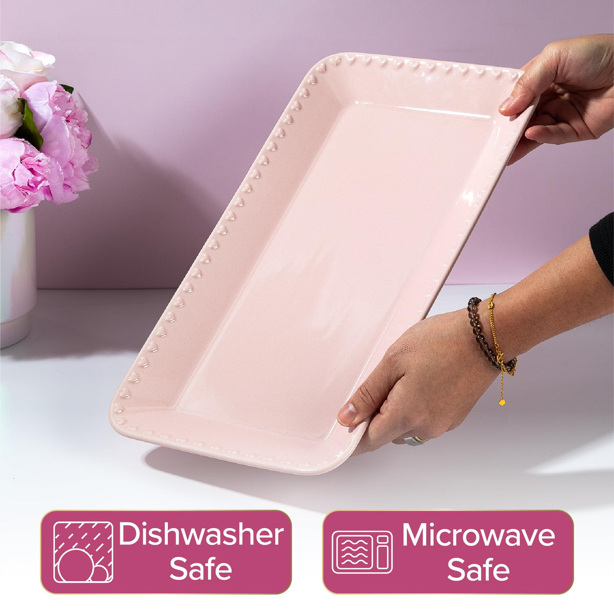 Paris Hilton rectangle ceramic tray on a setup showcases appetizers beautifully.