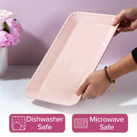 Paris Hilton rectangle ceramic tray on a setup showcases appetizers beautifully.