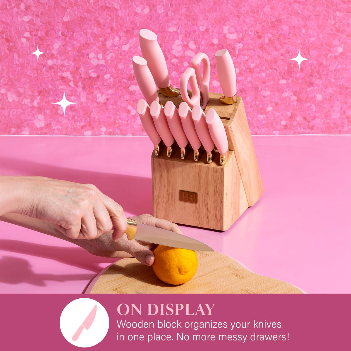 Paris Hilton natural rubberwood block stores the set neatly on the counter.
