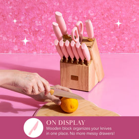 Paris Hilton natural rubberwood block stores the set neatly on the counter.