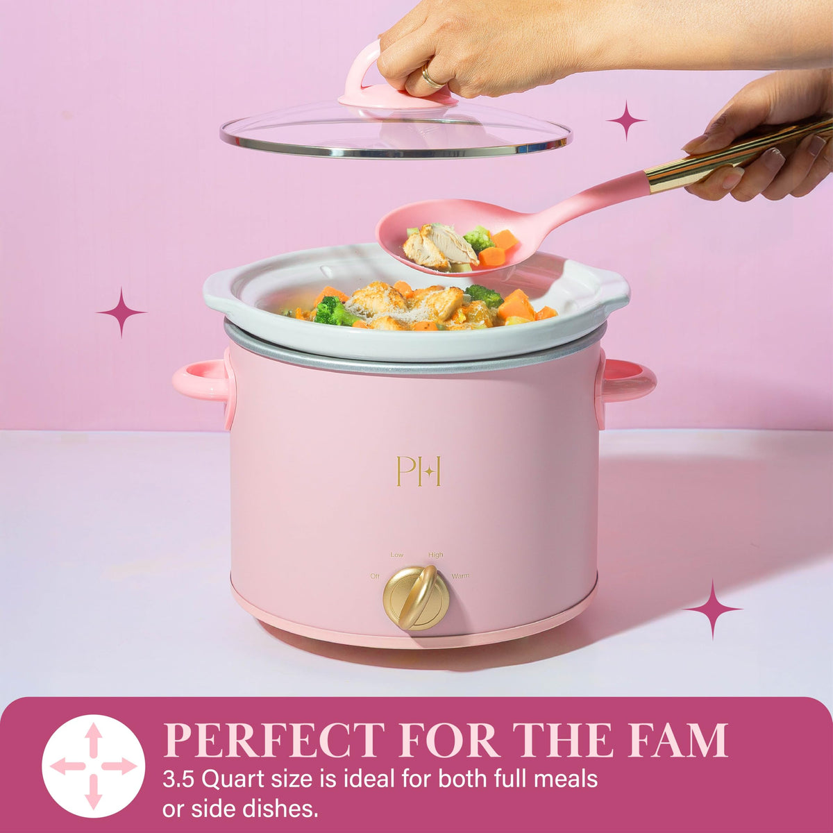 Paris Hilton slow cooker controls show Low High and Warm for versatile meals