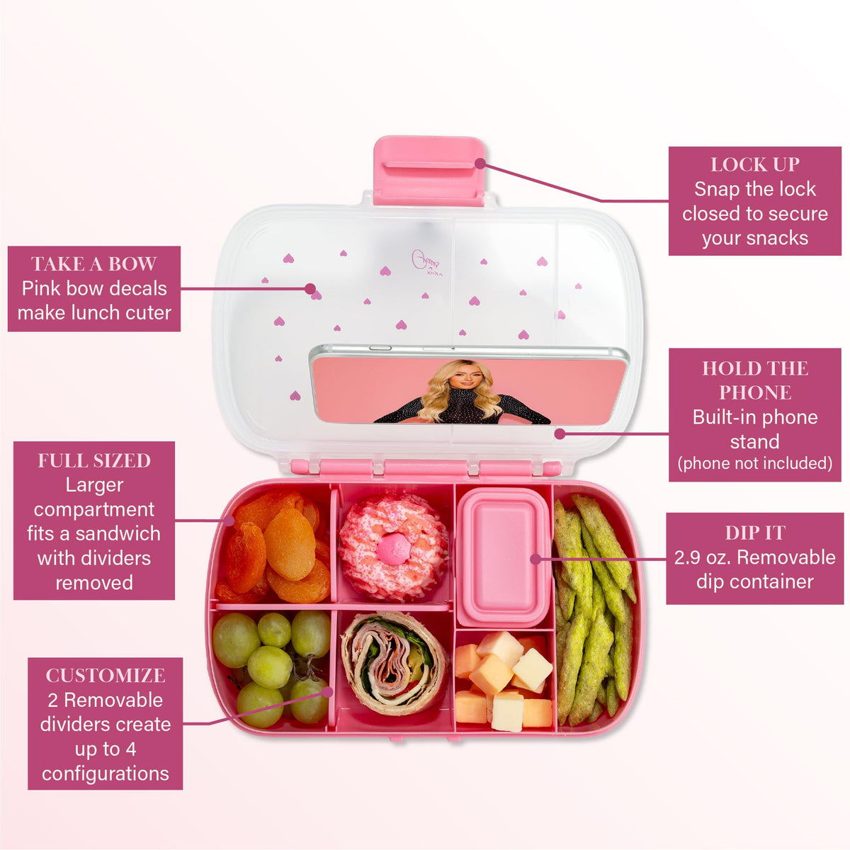 Paris Hilton snack box with adjustable dividers for customizable meal layouts.