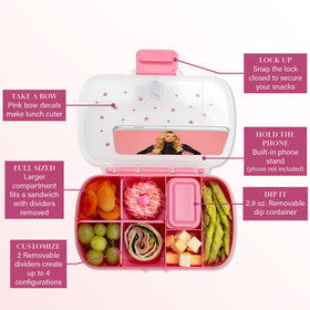 Paris Hilton snack box with adjustable dividers for customizable meal layouts.