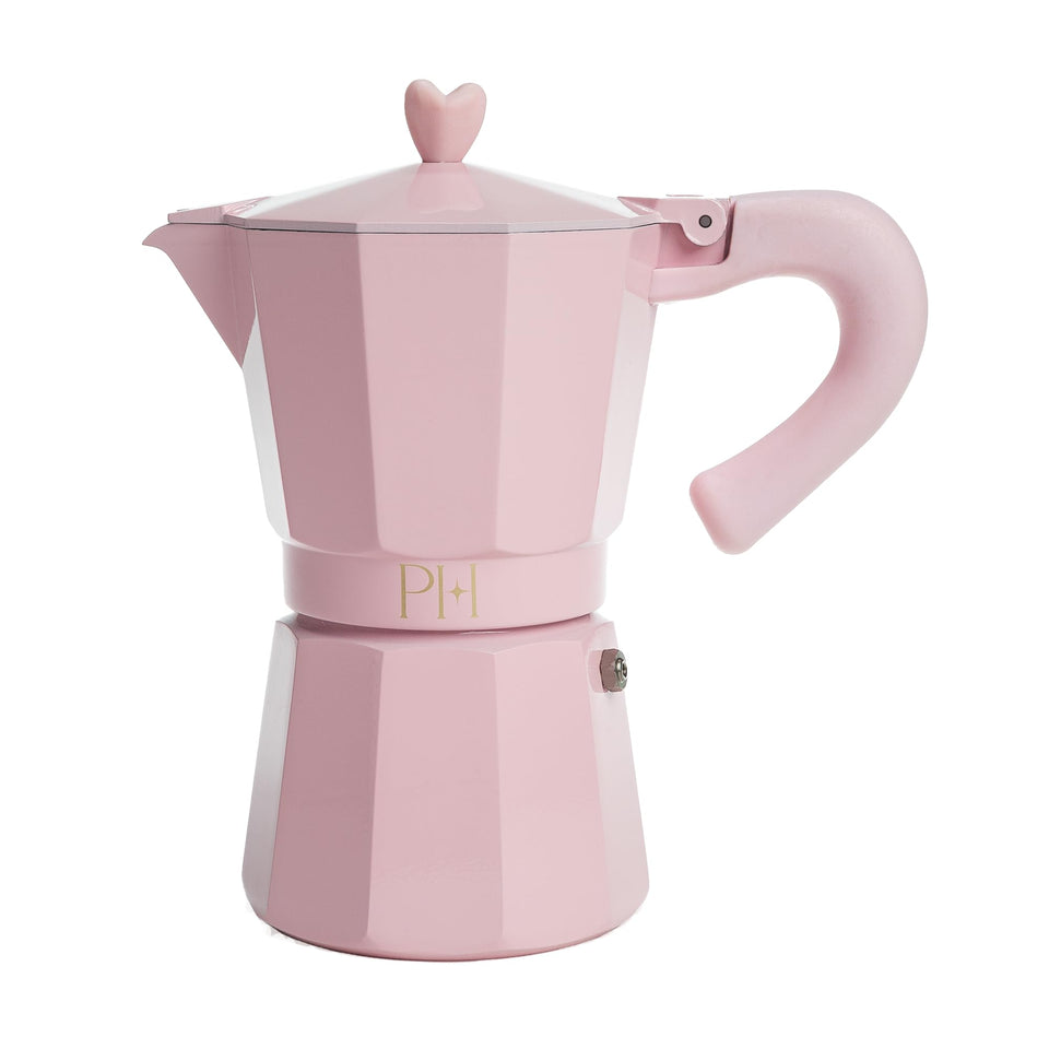 Paris Hilton stovetop espresso maker with pink heart knob delivers café-quality espresso at home.