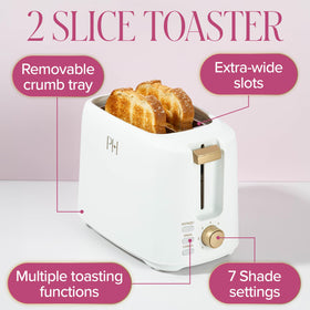 Paris Hilton 2-Slice Toaster compact countertop design fits smaller kitchens.