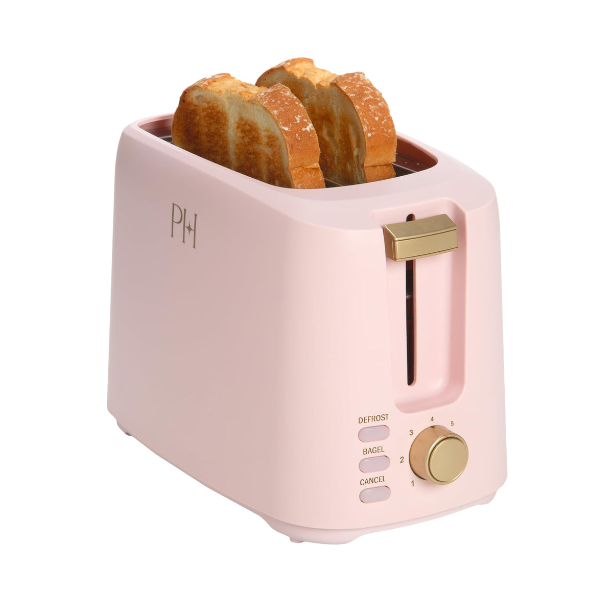 Paris Hilton pink toaster, front view with extra-wide slots for thick bread