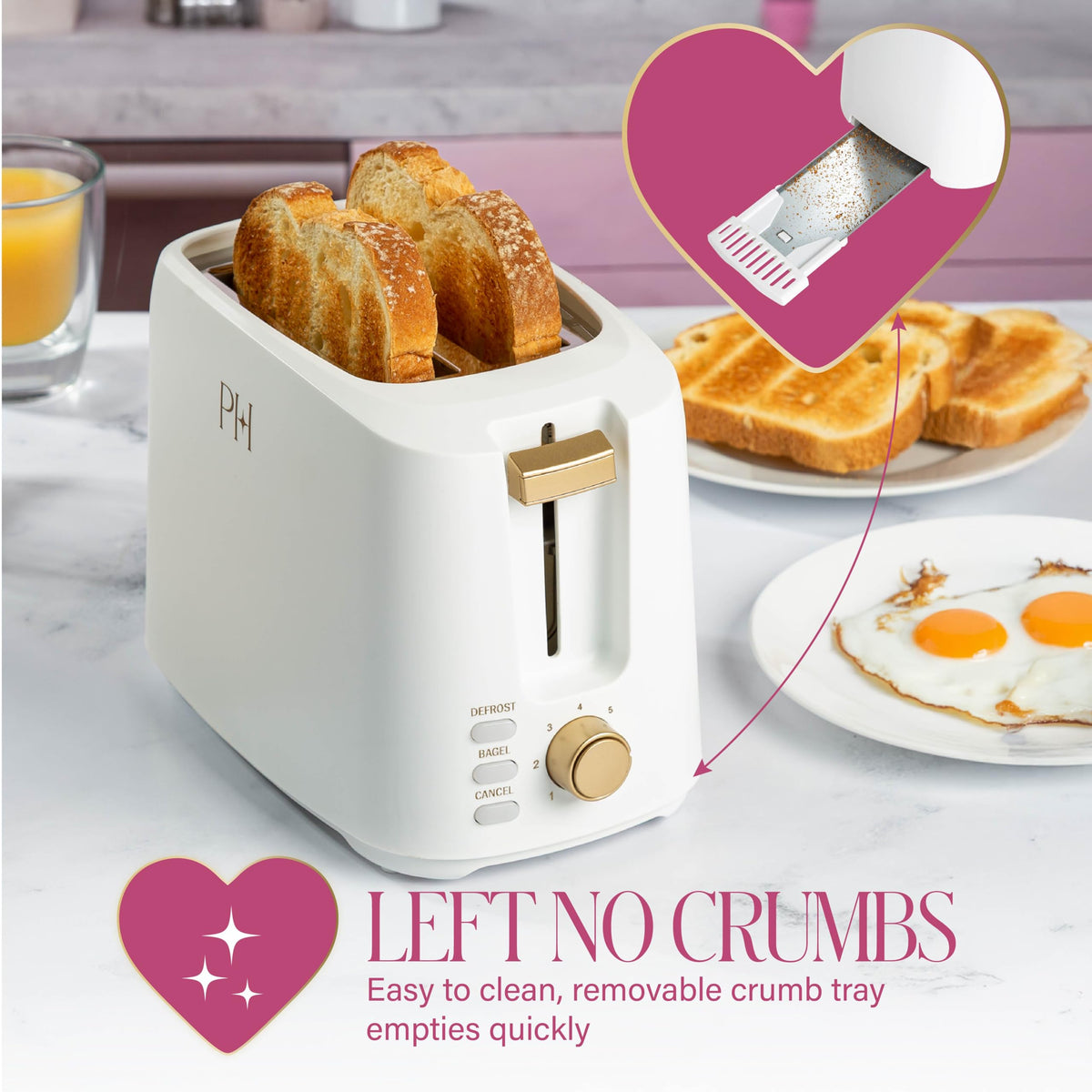 Paris Hilton 2-Slice Toaster with removable crumb tray for easy cleanup.