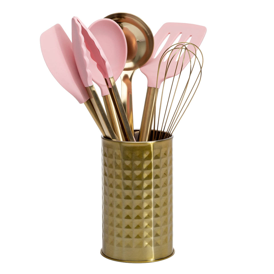 Paris Hilton tool crock pink-gold keeps counters organized and glamorous.