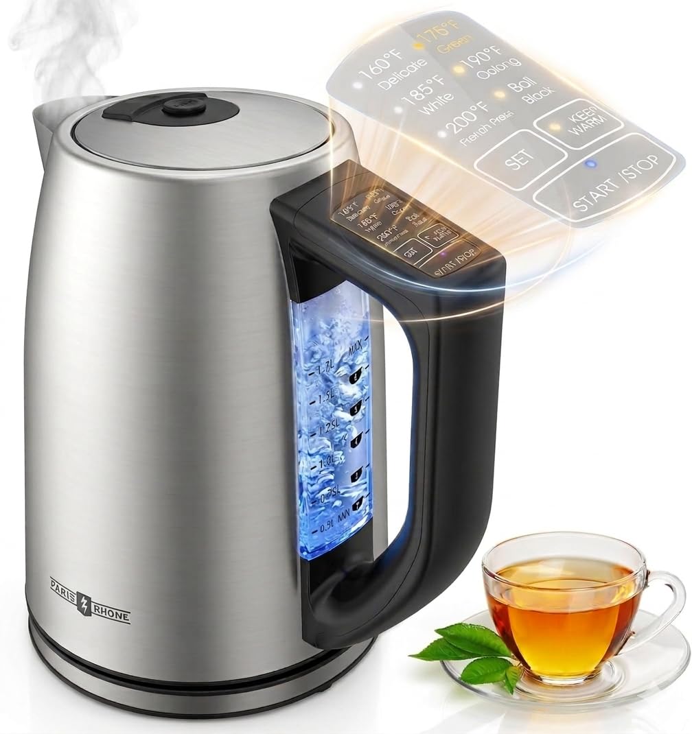 Paris Rhone electric kettle control panel with six precise temperature presets for tea and coffee.