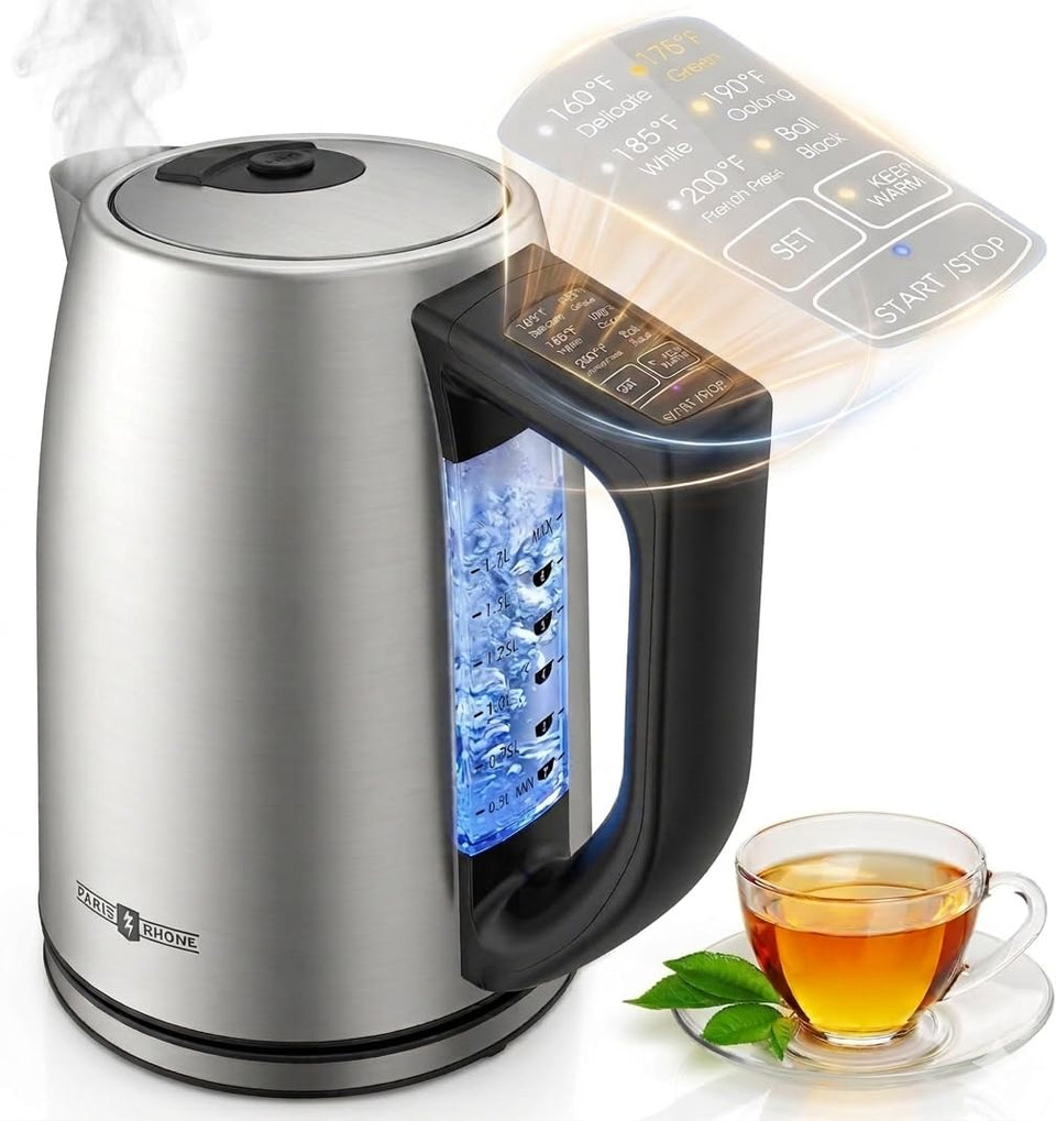 Paris Rhone electric kettle control panel with six precise temperature presets for tea and coffee.