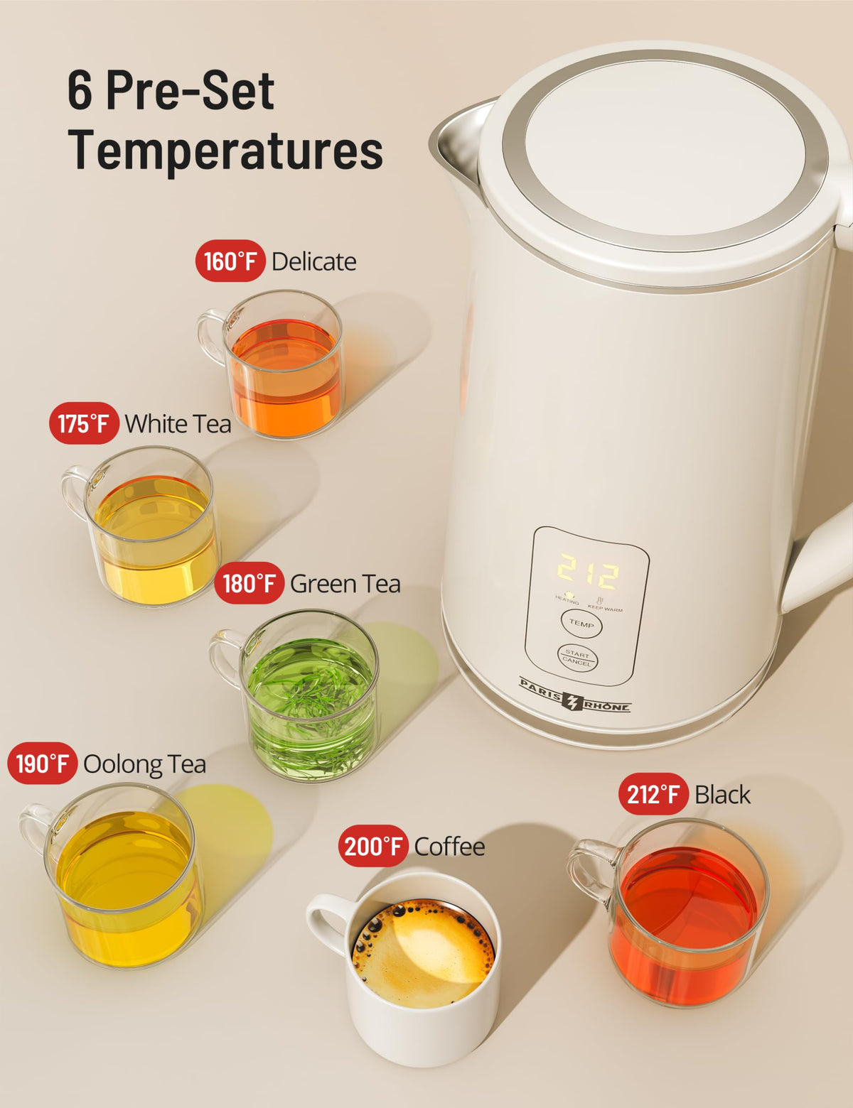 Paris Rhone kettle showing six presets for tea, coffee, and hot beverages.