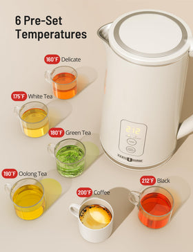 Paris Rhone kettle showing six presets for tea, coffee, and hot beverages.