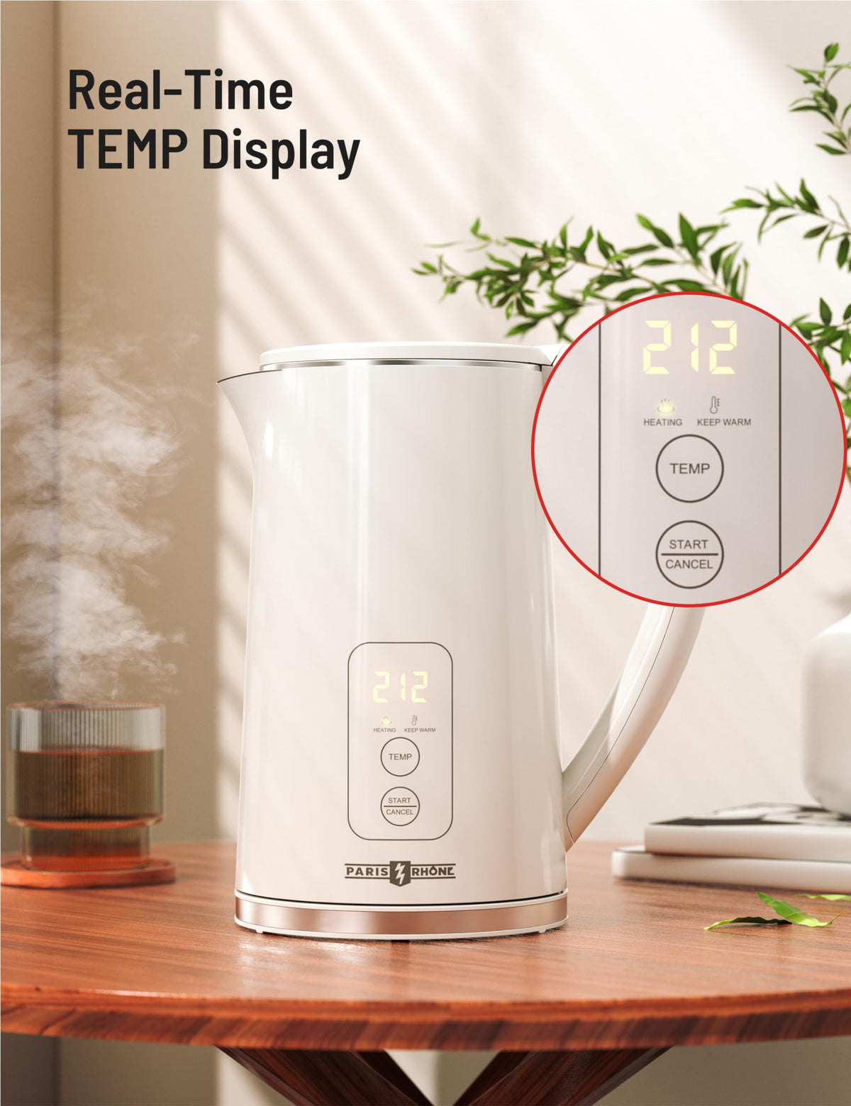 Paris Rhone kettle with temperature display highlighting real-time readings.