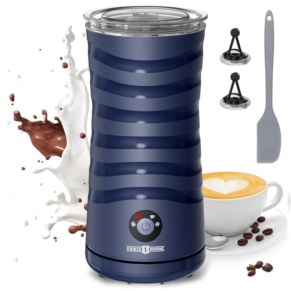 Paris Rhône Milk Frother on kitchen countertop with Eiffel Tower silhouette for chic coffee prep.