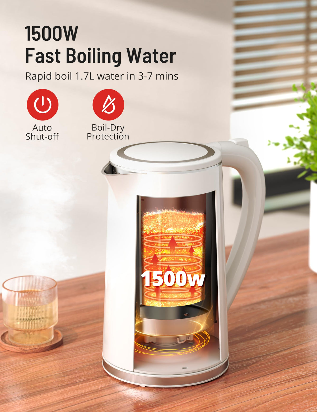 Paris Rhone rapid boil at 1500W for quick hot water.
