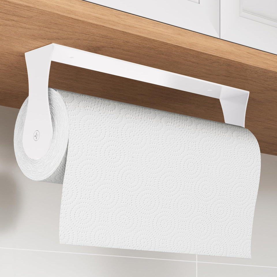 Paroto under-cabinet paper towel holder in white keeps towels accessible and clutter-free.