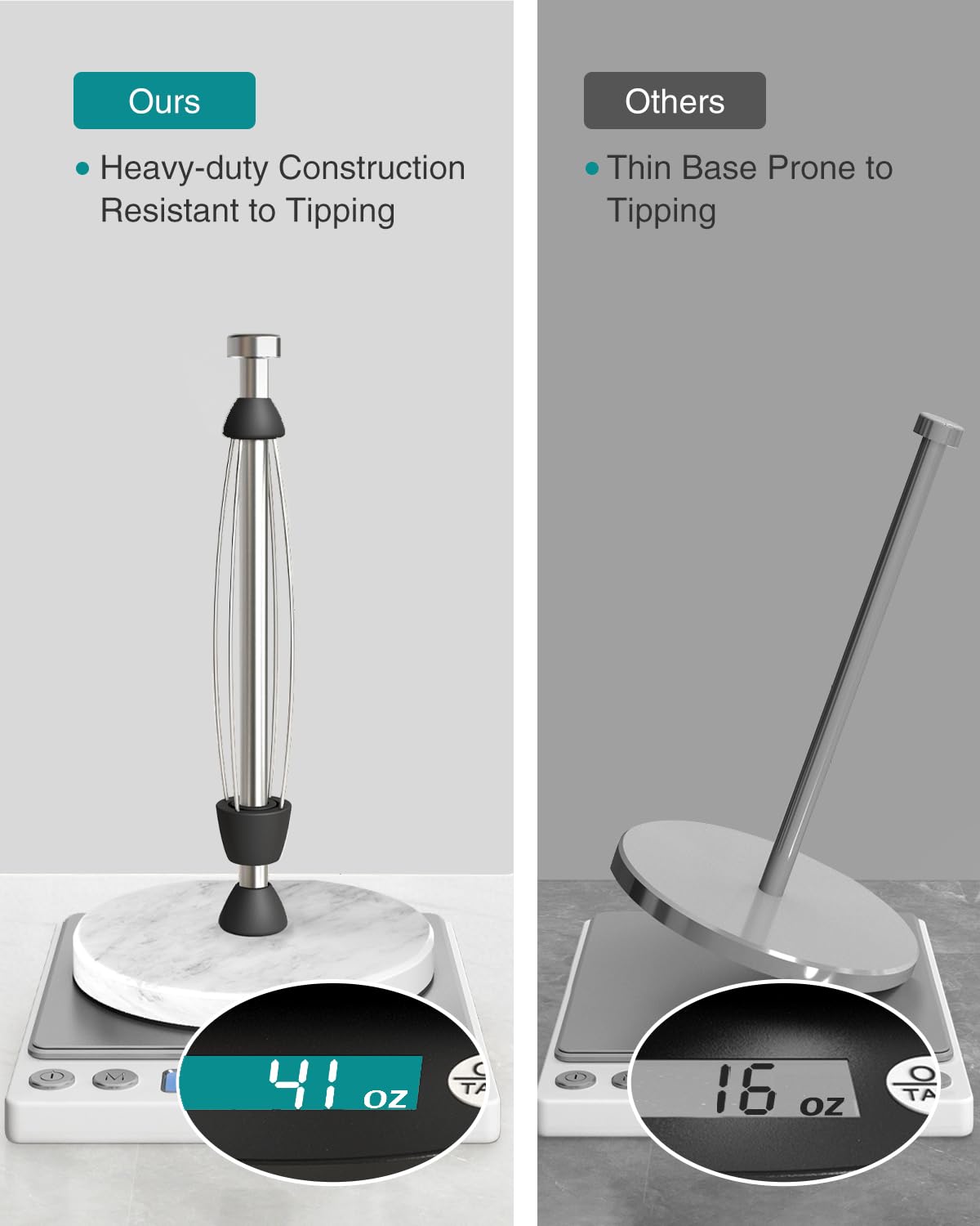 PAROTO weighted marble base prevents slipping on busy countertops.