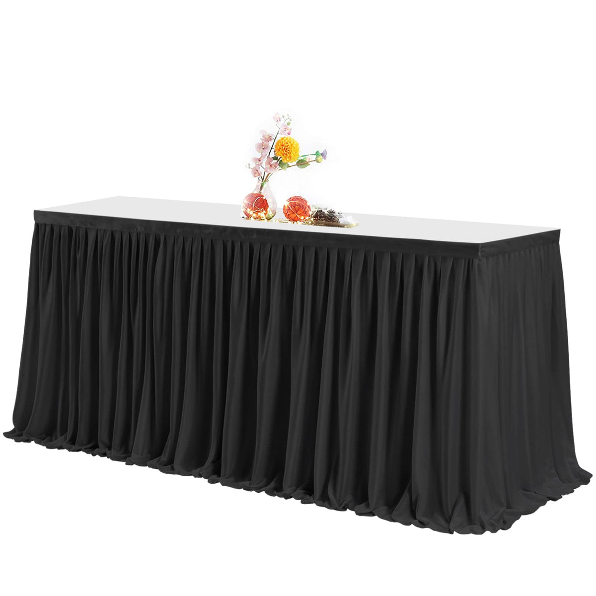 PARTISKY black polyester table skirt on a 6ft rectangle setup for elegant events