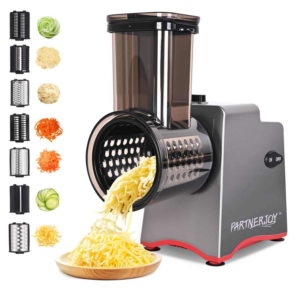 PARTNERJOY electric cheese grater front view, speeds ingredient prep