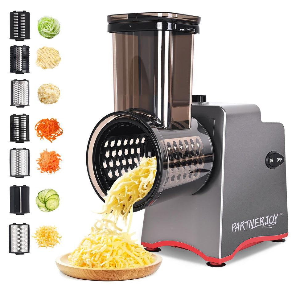 PARTNERJOY electric cheese grater front view, speeds ingredient prep
