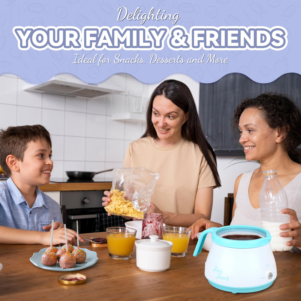 Party Desserts aqua fondue pot shows easy pour spout for neat decorating.