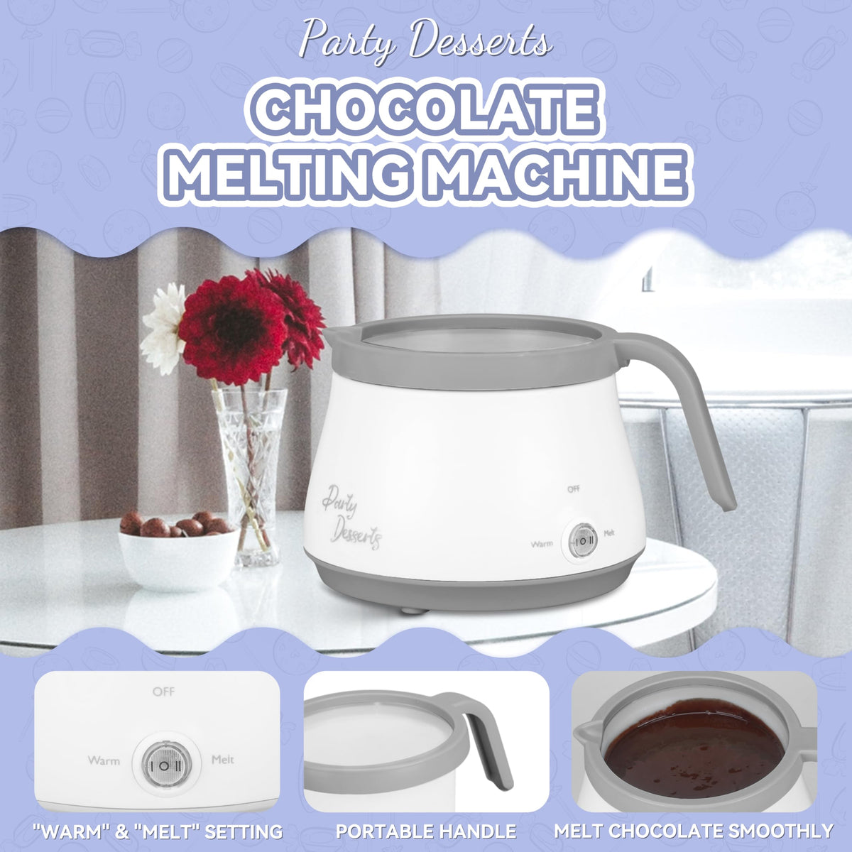Chocolates and candy melts ready for dipping in Party Desserts pot