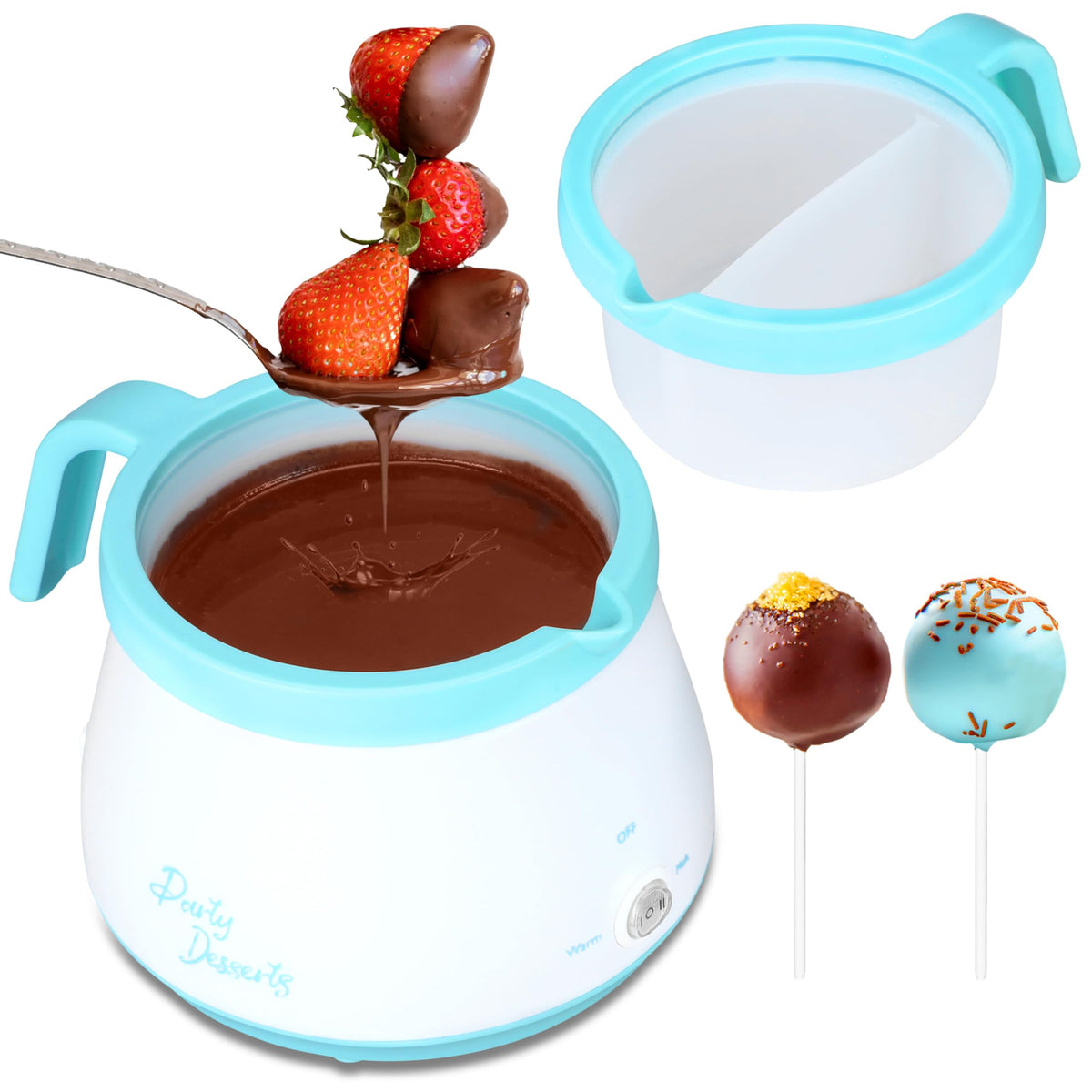 Party Desserts two-pot melting pot in aqua finish, ideal for quick chocolate melting and dipping.