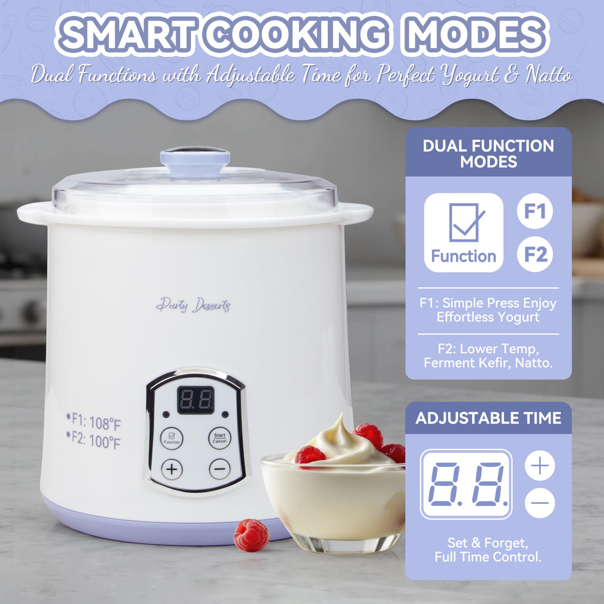 Party Desserts yogurt maker dual function settings for different flavors
