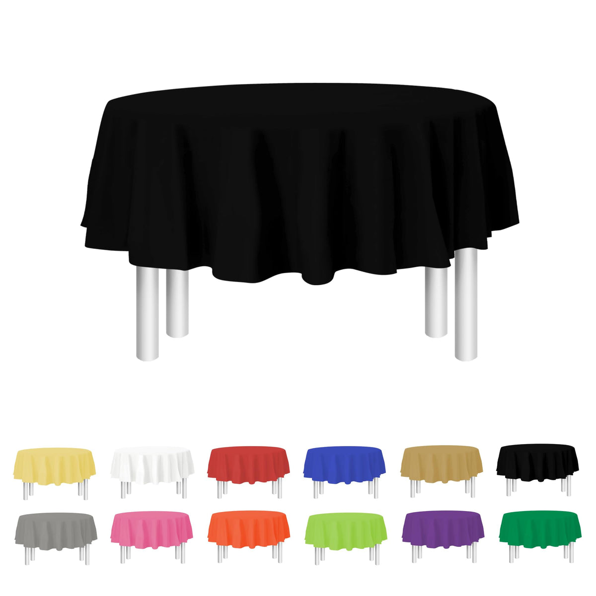 Party Dimensions black disposable round tablecloth on a large 84 inch table for events.