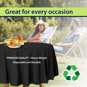 Party Dimensions indoor outdoor tablecloth protecting tables at various venues.