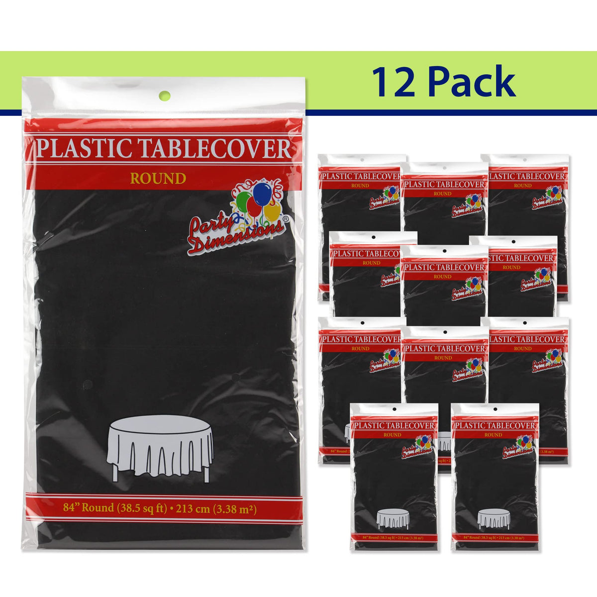 Party Dimensions black plastic tablecloth highlighting quick cleanup after a party.