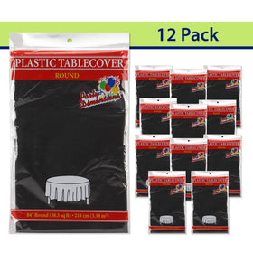 Party Dimensions black plastic tablecloth highlighting quick cleanup after a party.