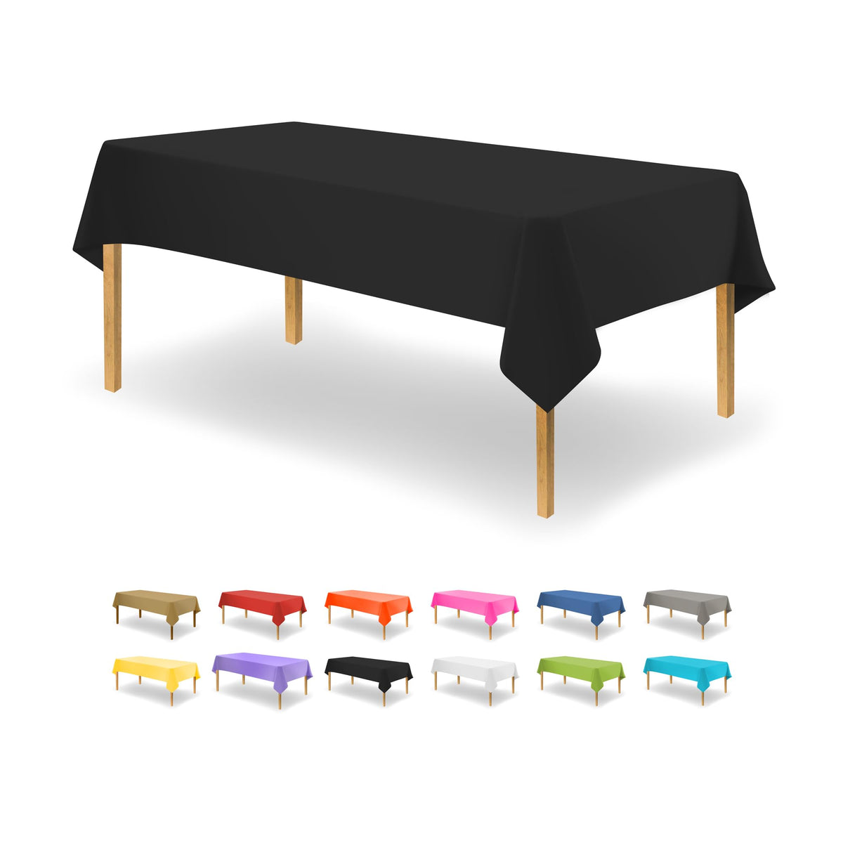 Party Dimensions black rectangle tablecloth on a 54x108 table ready for events