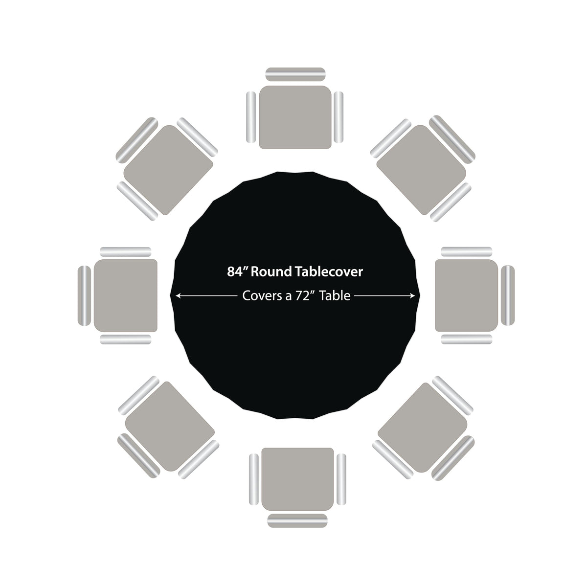 Party Dimensions black tablecloth enhancing wedding and party table settings.