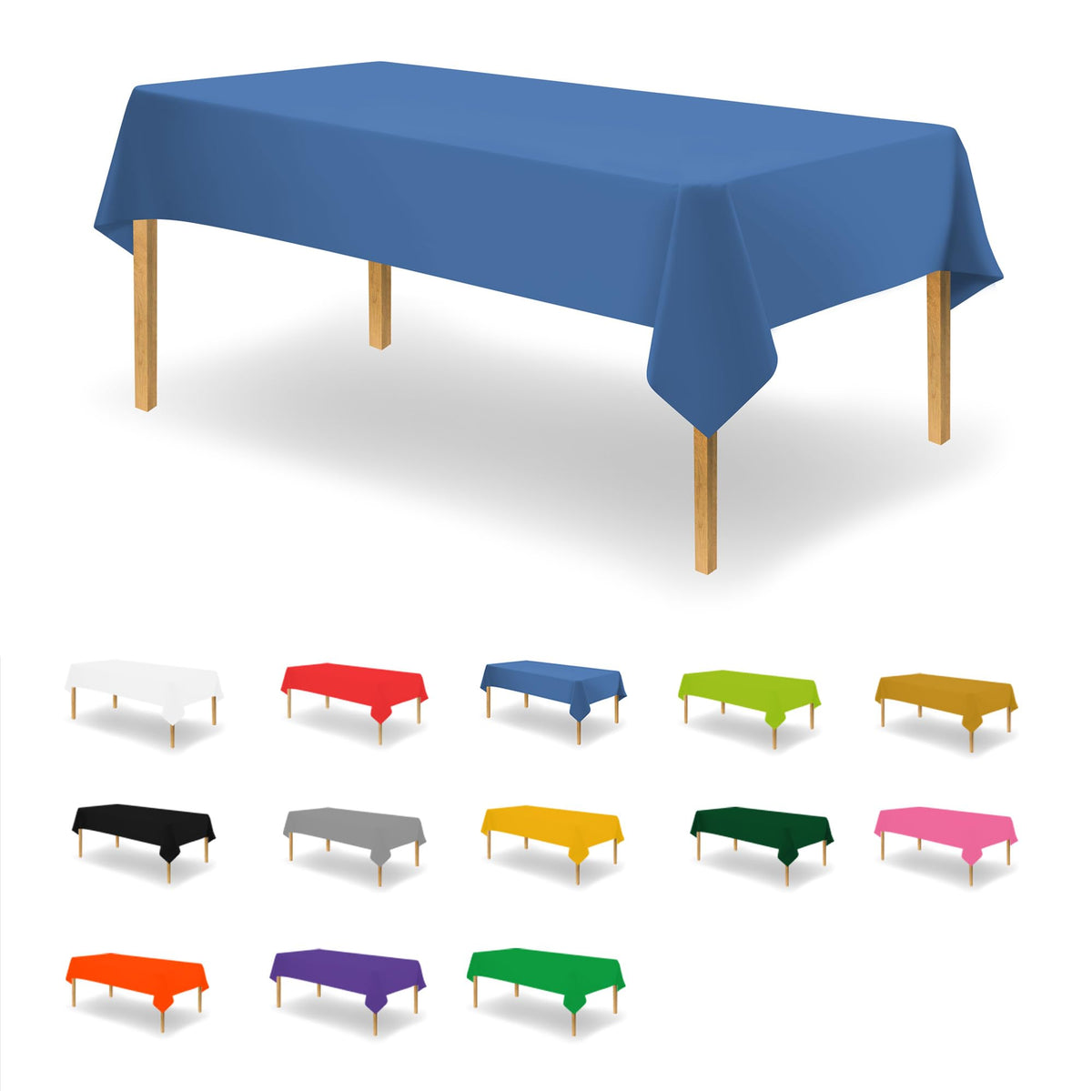 Party Dimensions blue disposable rectangle tablecloth on a table for quick cleanup.