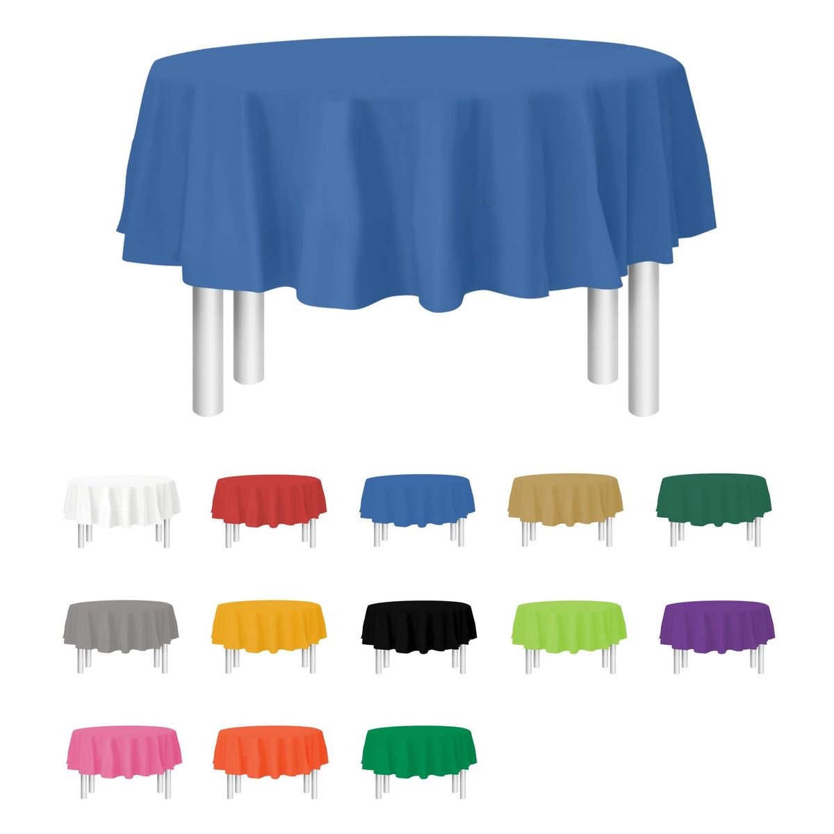 Party Dimensions blue disposable tablecloth on a round table for easy cleanup.