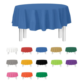 Party Dimensions blue disposable tablecloth on a round table for easy cleanup.