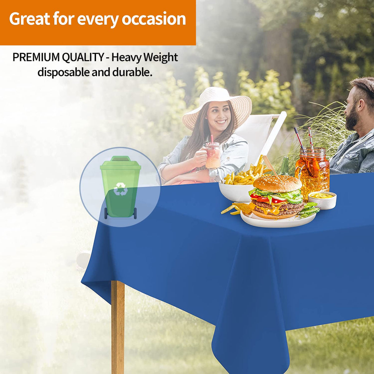 Rectangular blue tablecloth designed for easy cleanup or reuse after events.