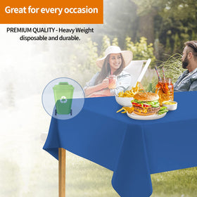 Rectangular blue tablecloth designed for easy cleanup or reuse after events.