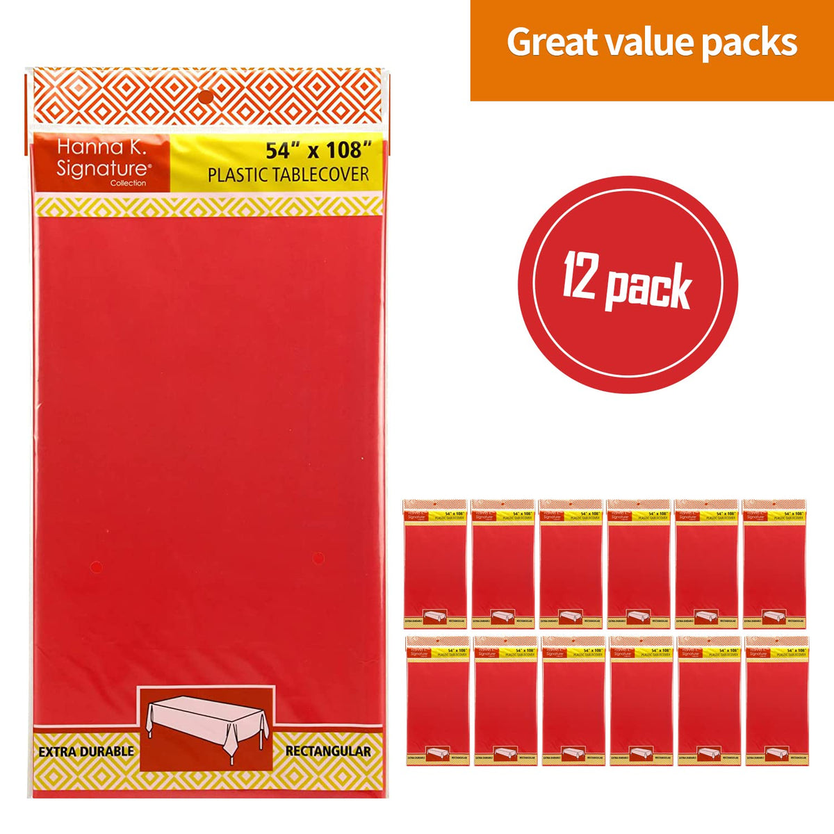 Pre-cut red rectangle tablecloth simplifies party setup.