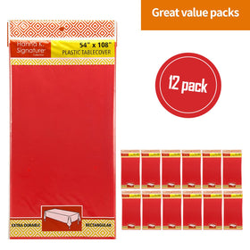 Pre-cut red rectangle tablecloth simplifies party setup.